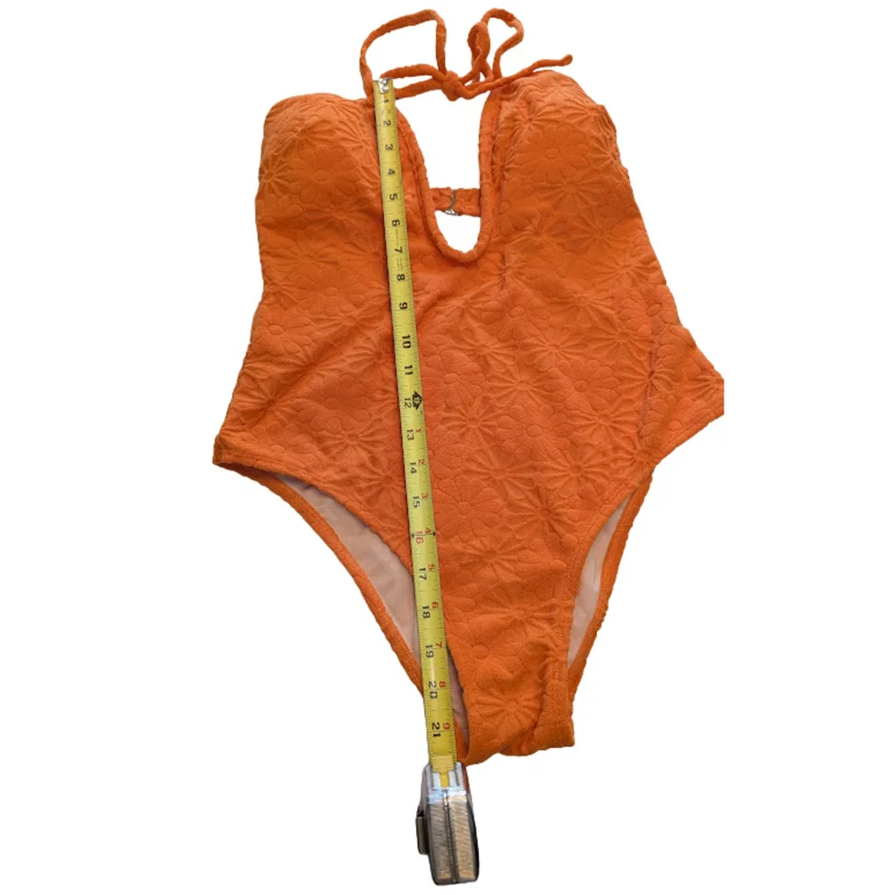 Orange Floral Textured One-Piece Swimsuit • S–M • 70's Vintage Vibe - Picture 4 of 7